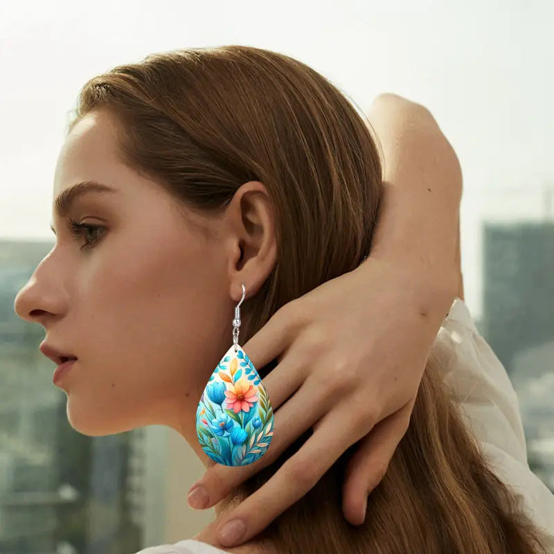 Wholesale Flower Pattern Double Sided PU Leather Earrings
